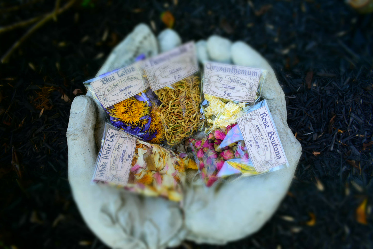 SET OF 5 FLOWERS Lotus ~ Chrysanthemum ~Rose Boutons ~ Honeysuckle ~White water Lilliy