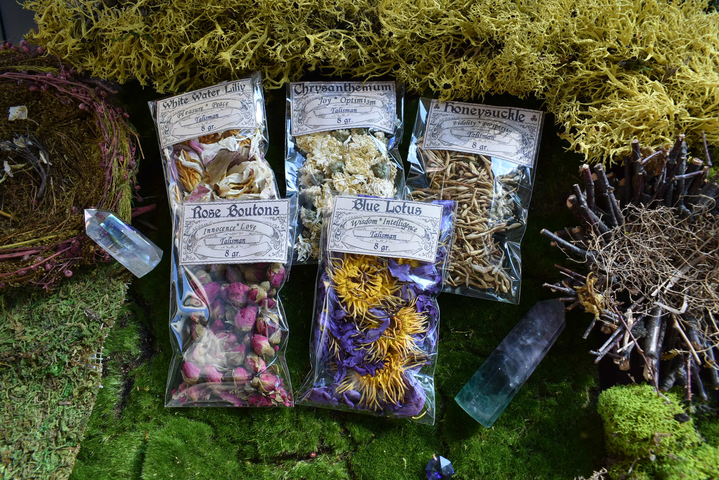 SET OF 5 FLOWERS Lotus ~ Chrysanthemum ~Rose Boutons ~ Honeysuckle ~White water Lilliy