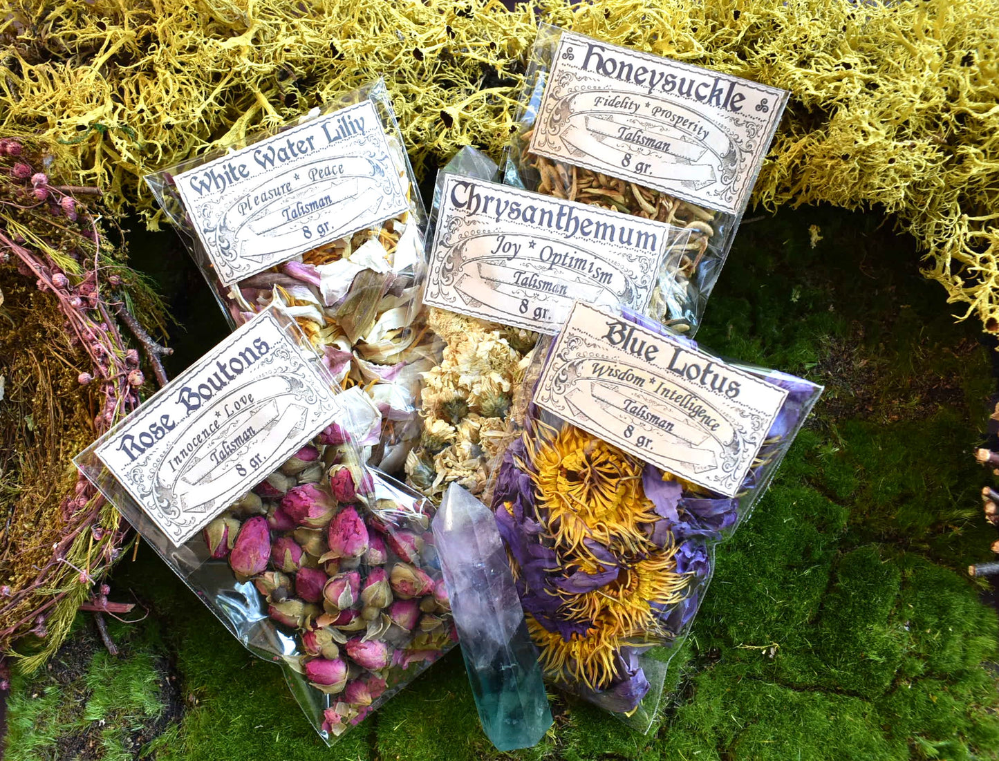 SET OF 5 FLOWERS Lotus ~ Chrysanthemum ~Rose Boutons ~ Honeysuckle ~White water Lilliy