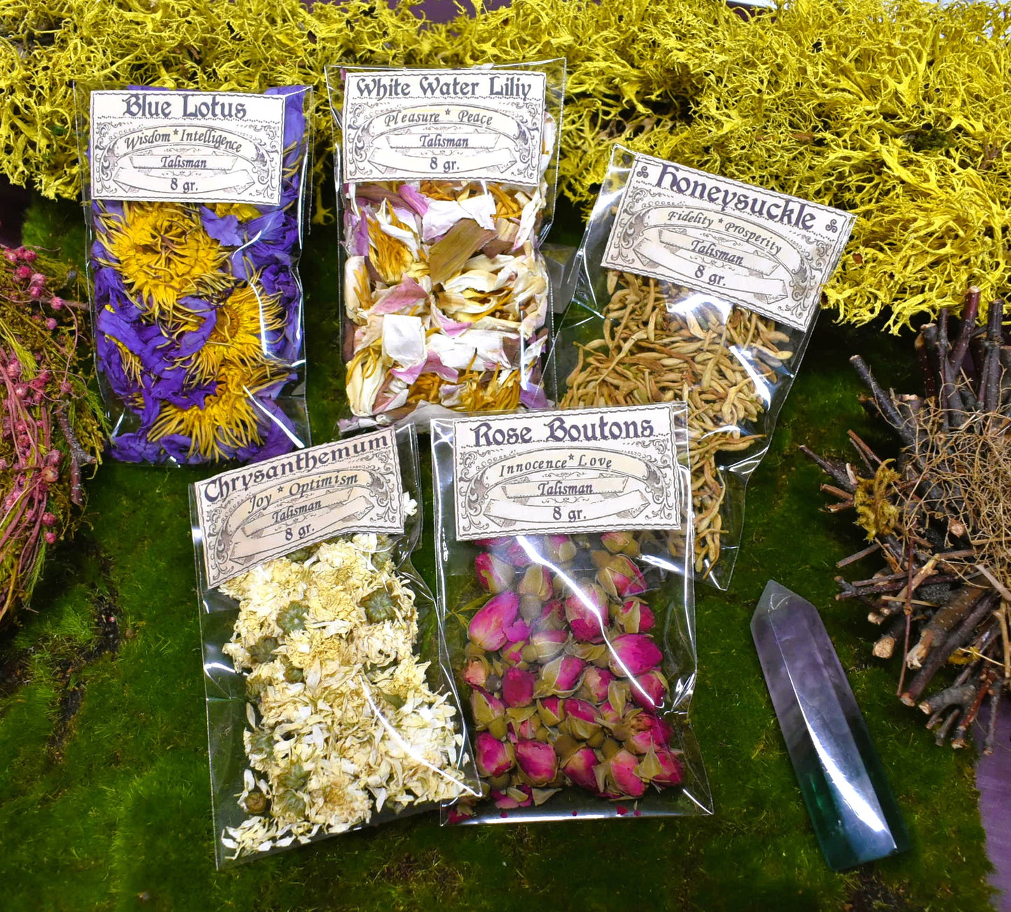 SET OF 5 FLOWERS Lotus ~ Chrysanthemum ~Rose Boutons ~ Honeysuckle ~White water Lilliy