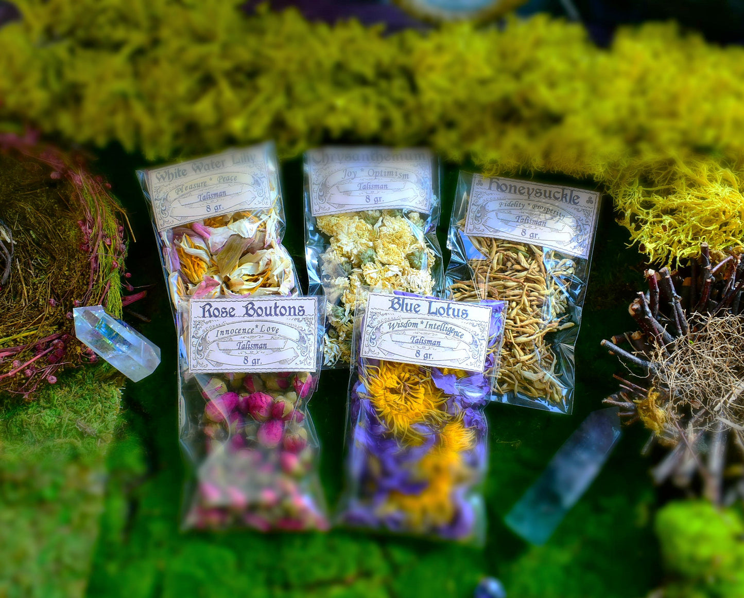 SET OF 5 FLOWERS Lotus ~ Chrysanthemum ~Rose Boutons ~ Honeysuckle ~White water Lilliy