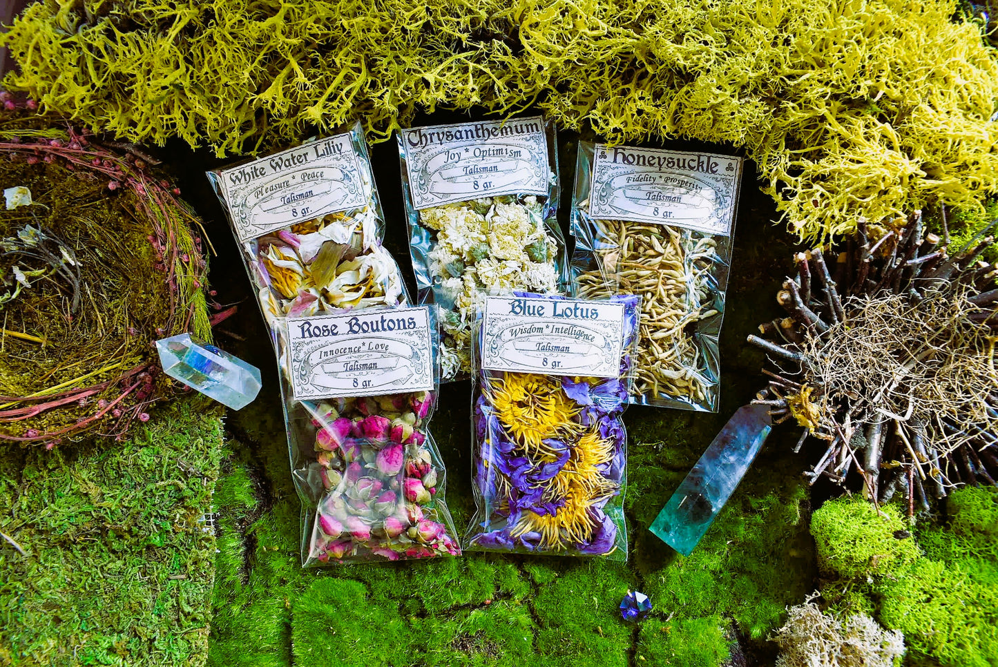 SET OF 5 FLOWERS Lotus ~ Chrysanthemum ~Rose Boutons ~ Honeysuckle ~White water Lilliy